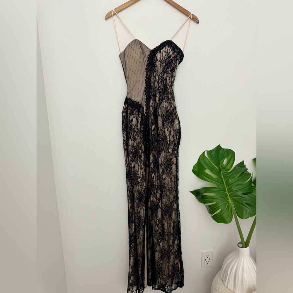 Faviana Black Lace Chemise with‎ Tan Underlay